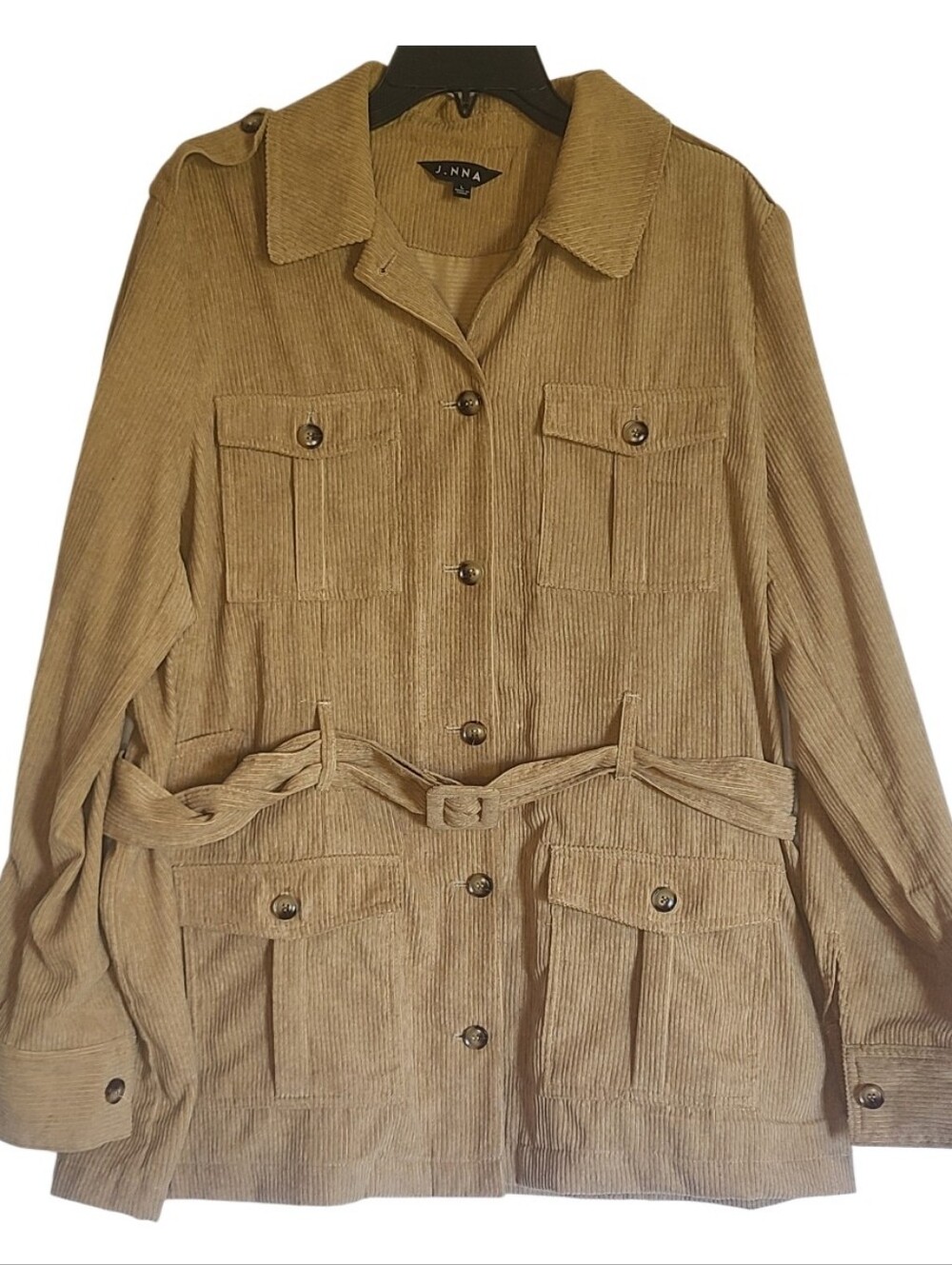 J.NNA Tan Corduroy Belted Utility Jacket Safari Cargo Trench Coat Size Large